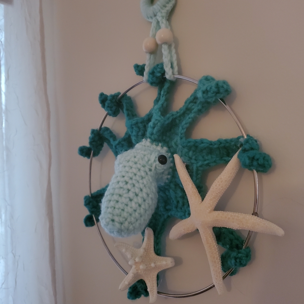 Handmade Crochet Sea Star Wall Hanging in Teal and Light Blue - Picture 9 of 11